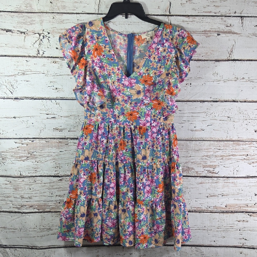 entro Floral Tiered Midi Dress in Teal, Orange, Purple